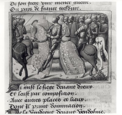 Ms.Fr.5054 fol.26 r Charles VII (1403-61) e Joana d&39;Arc no cerco de Dreux, de Les Vigiles de Charles VII por Martial d&39;Auvergne ou de Paris (1430-1508) 1484 de French School