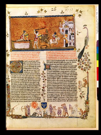 Ms.Fr 122 f.1 Sir Lancelot atravessa a Ponte da Espada, da Roman de Lancelot du Lac, 1344 de French School