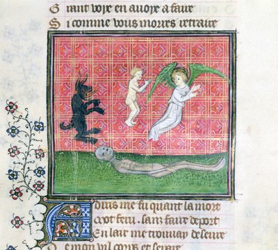 Ms 1130 Soul deixando o corpo acompanhado por um anjo, miniatura do Livro das Propriedades das Coisas por Barthelemy lEnglish de French School