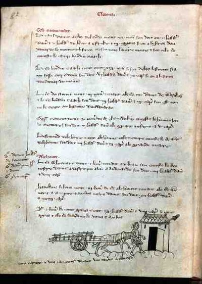 Ms 1175 f.8v Fazendeiro com seu cavalo e carroça, de Vieil Rentier dAudenarde, 1291-1302 de French School