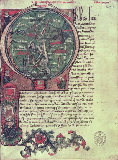 Ms 1321 fol.12 Historiated rubrica &39;O&39; que descreve a Terra, a partir da Situação Mundial "por Mela (fl.c.50 AD) 1418 de French School