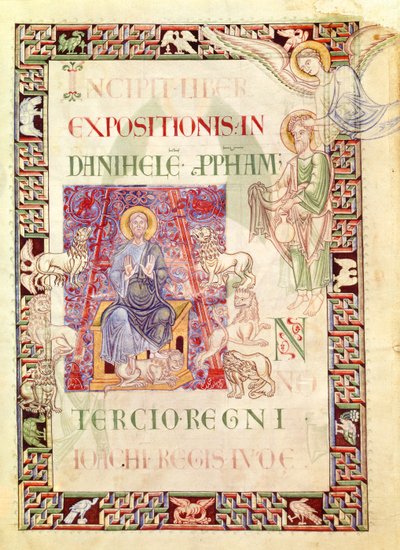 Ms 132 f.2v Daniel no Lions Den Fed por Habakkuk, de Explanatio in Prophetas et Ecclesiasten por St. Jerome de French School