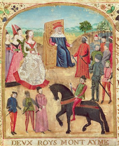 Ms 1335 f.1 Margaret of York é apresentada ao seu futuro marido, Charles the Bold, em 27 de junho de 1468 em Damme de French School