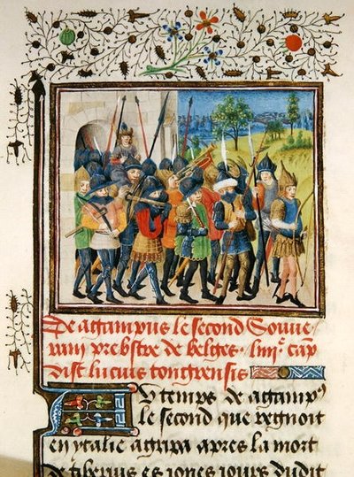 Ms 149 t.1 fol.45 Um exército em campanha, da História dos Príncipes Nobres de Hainaut, por Jacques de Guise de French School
