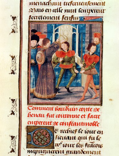 Ms 149 t.3 fol.183v Como Baldwin I (1171-1205) Sexto Conde de Hainaut, foi coroado como Imperador de Constantinopla em 1204, da Histoire des Nobres Princes de Hainaut, por Jacques de Guise de French School
