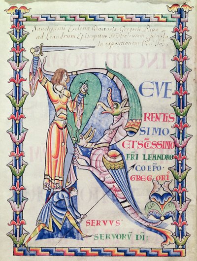 Ms 168 f.4v Historiated R inicial representando um cavaleiro que luta contra um dragão, de Moralia em Jó pelo Papa Gregório Magno de French School