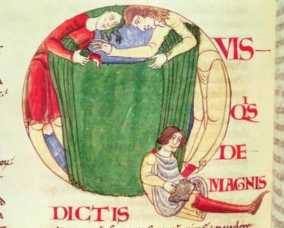 Ms 173 fol.92v Historiated Q inicial descrevendo drapers, de Moralia in Job pelo Papa Gregory o grande, escola de Borgonha de French School