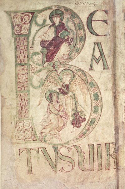 Ms 18 f.1v Historiated inicial B representando São João Evangelista e um Anjo, do Saltério de Corbie de French School