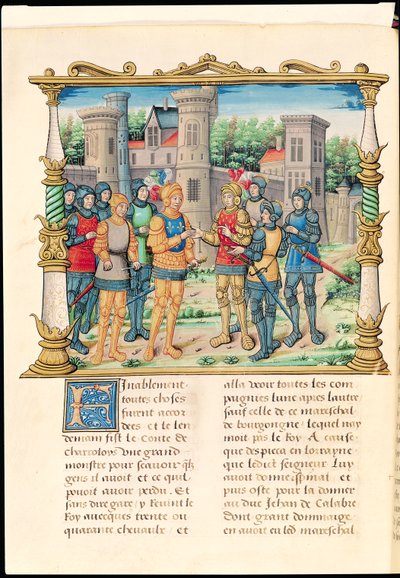 18 f.32v O Tratado de Conflans entre Luís XI e Carlos, o Negrito, Duque de Borgonha, outubro de 1465, a partir das Memórias de Filipe de Commines (1445-1509) de French School