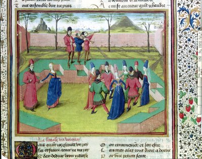 Ms 19153 f.7 A Carole no pomar, ilustração de Le Roman de la Rose por Jean de Meung, c.1460 de French School
