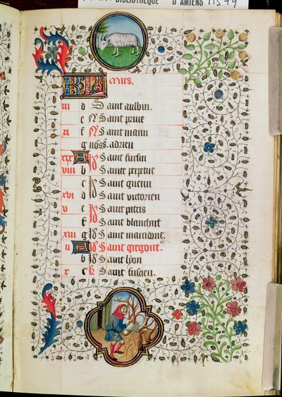 Ms 19 de março: Áries e um homem derrubando árvores, de um livro de horas, início do século XV de French School