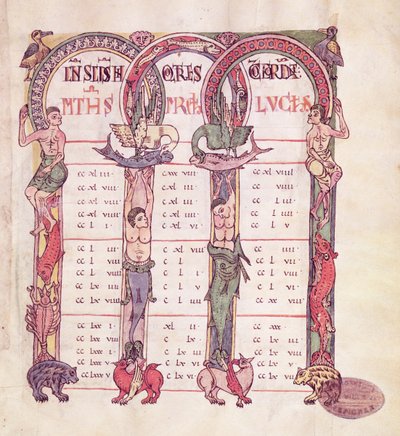 Ms. 1 Tabelas canônicas dos Evangelistas decoradas com animais fantásticos, do Evangelho de Saint-Michel-de-Cuxa, c.1070-1130 de French School