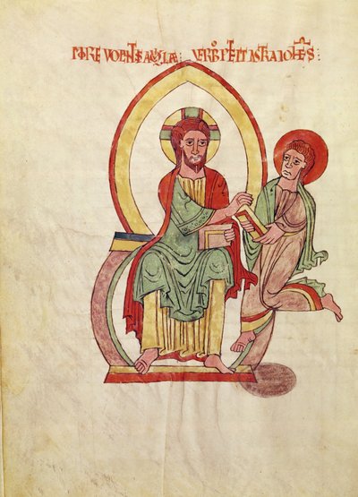 Ms. 1 Fol 111v São João correndo para receber o Evangelho de Cristo, sentado dentro de uma mandorla, em miniatura do Evangelho de Saint-Michel-de-Cuxa, c.1070-1130 de French School