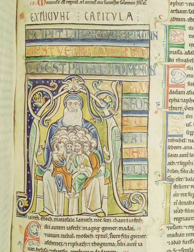 Ms 1 f.256 Carta historiada A, retratando gerações no seio de Abraão, da Bíblia de Souvigny de French School
