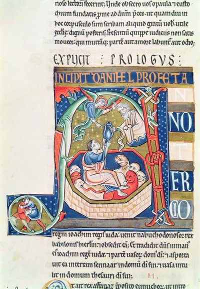 Ms 1 fol.185v Historiated inicial A retratando Daniel no Covil do Lions, da Bíblia de Souvigny de French School
