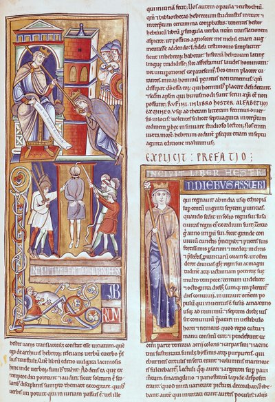 Ms 1 fol.284r Ester e Assuero e o enforcamento de Hamã, da Bíblia de Souvigny de French School