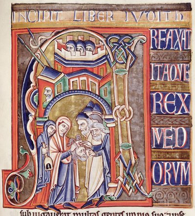 Ms 1 fol.292 Historiated inicial representando Judith com a cabeça de Holofernes, da Bíblia de Souvigny de French School