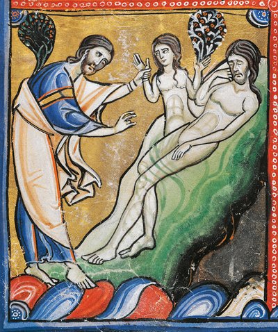 Sra. 1 fol.4v A Criação de Eva a partir da costela de Adão, detalhe da Bíblia de Souvigny (vellum) de French School