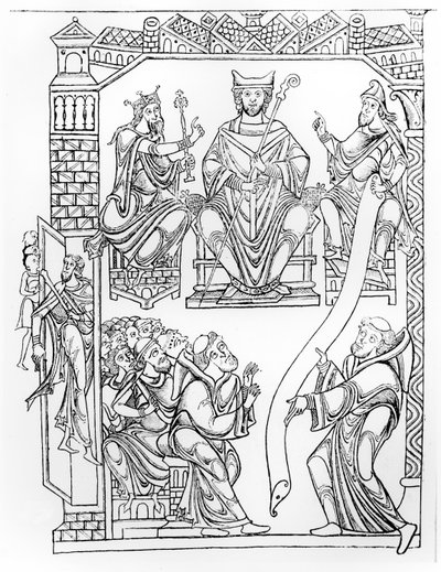Ms 210 fol 19v. Cartulário de Mont Saint-Michel: Duque Ricardo II da Normandia fazendo um presente de terras e privilégios para o mosteiro de Mont St. Michel, (gravura após um desenho da década de 1150) de French School