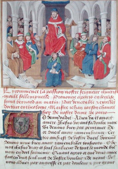 Ms 230 fol.1 Jean de Gerson (1363-1429) pregando a Paixão pela manhã na Igreja de São Bernardo em Paris, de Sermons sur la Passion e Traites Divers, c.1480 de French School