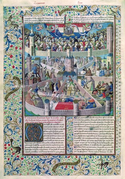 Ms 246 fol.3v Vices e Virtudes na Terra, de De Civitate Dei por Santo Agostinho de Hipona (354-430) de French School