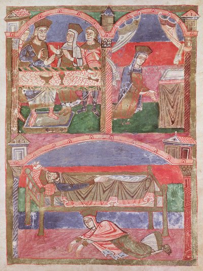 250f.24r St. Radegund (518-87) na mesa de Clothar I (497-561), em sua oratória e aos pés da cama real, da Vida de São Radegundo de French School