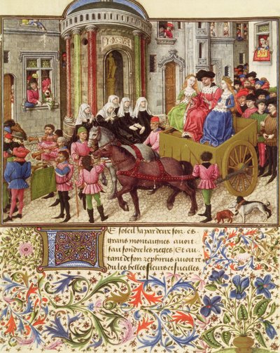 Ms 2617 Teseu faz uma entrada triunfal em Atenas, de La Teseida, por Giovanni Boccaccio (1313-75) 1340-41 de French School