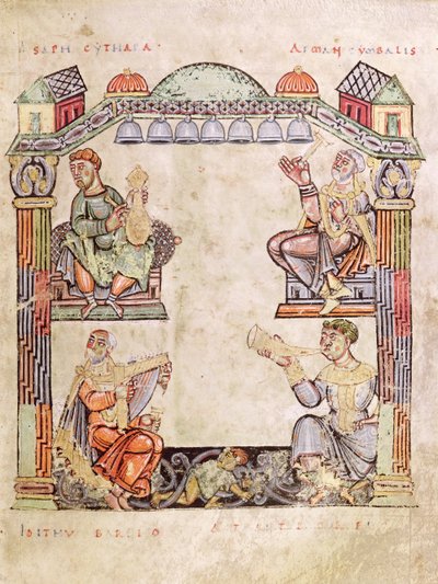 Ms 2 fol.11 (6) Quatro músicos, de um livro de horas de French School