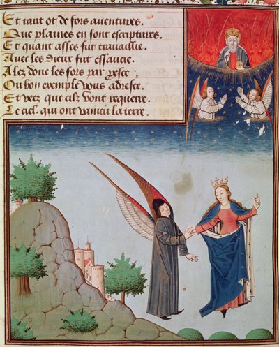 Ms 3045 fol.94r Lady Filosofia leva Boécio em vôo para o céu nas asas que ela lhe deu; Deus o Pai observa abençoando de French School