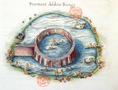 Ms 3242 Os Banhos de Bourbon-Lancy, ilustração de Generale Descrição du Bourbonnais por Nicolas de Nicolay, 1569 (wc no papel) de French School