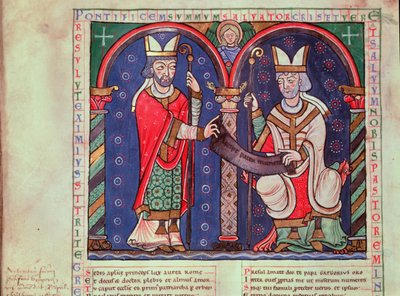 Ms 3401 fol.39v Rabanus Maurus (c.780-856) Oferecendo seu livro ao papa Gregório I (540-604) de Anchin Abbey de French School