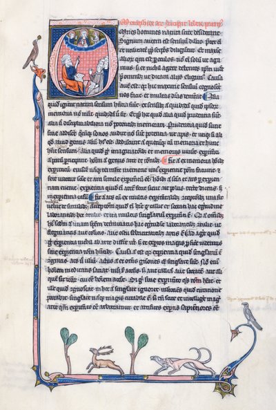 Ms 3458, historiated inicial O retratando o antigo filósofo grego Aristóteles, ensinando um grupo de clérigos da Europa Ocidental e apontando para cima em direção a Deus no céu (caneta e tinta e têmpera de French School