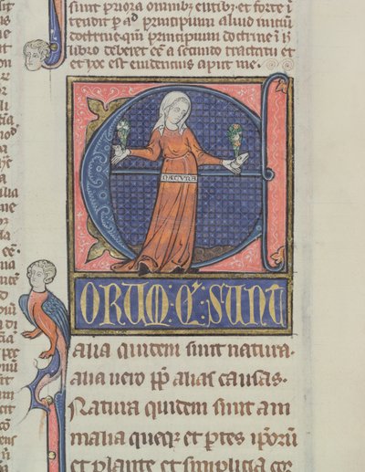Ms 3469 Historiated inicial E com uma representação da Nature, da Física de Aristóteles (384-322 aC) (caneta, tinta e têmpera sobre velino) de French School