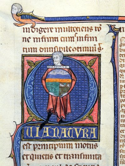 Ms 3469 Filósofo segurando um globo com os Quatro Elementos, da Física de Aristóteles (384-322 aC) (caneta, tinta e têmpera sobre velino) de French School