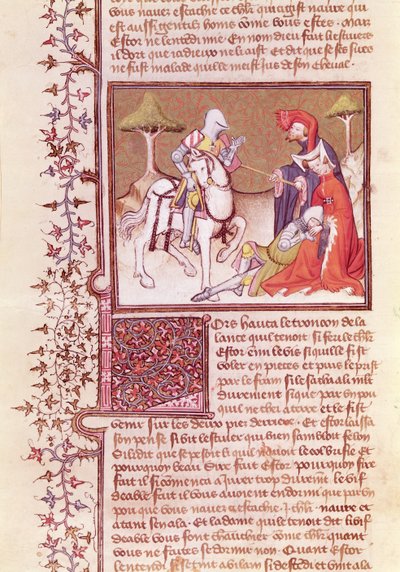 Ms 3479 fol.516 E assim ele puxou a lança do cavaleiro moribundo, do Livre de Messire Lancelot du Lac de French School