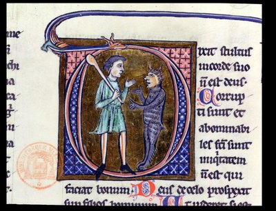 Ms 36 Historiated D inicial representando um homem com o diabo, de uma bíblia latina de French School