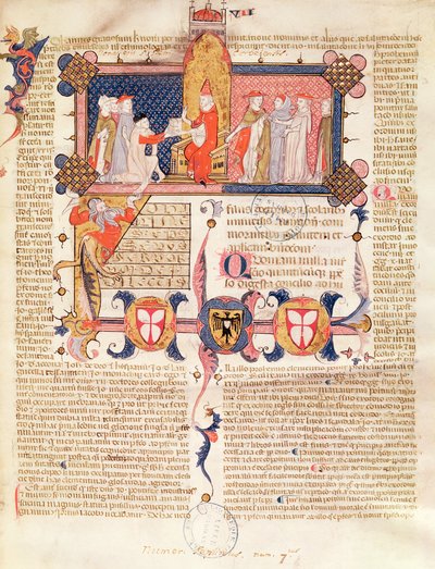 Ms 371 f.1 Jean Andre apresentando seu trabalho ao Papa Clemente V (c.1260-1314) de French School
