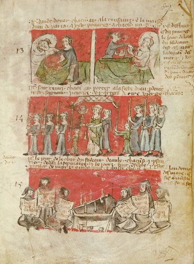 Ms 406 fol.6 Cenas da vida dos Estudantes do Colégio de Hubant ou da Ave Maria, dos Estatutos do Colégio de Hubant, Paris, 1387 de French School