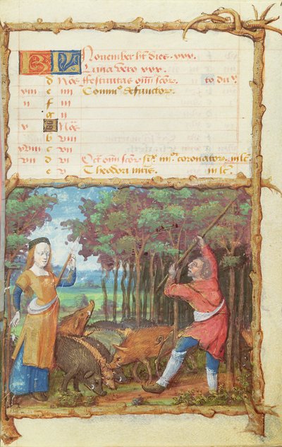 Ms 438 O Mês de Novembro: Recolhendo Bolotas, de um Livro de Horas, 1490 de French School