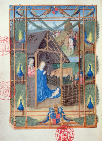 Ms 473 A Natividade com pavões, miniatura da Heures de Charles de France, c.1466-69 de French School