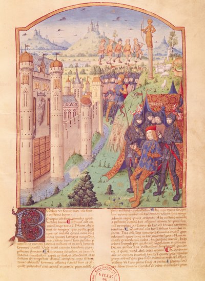 Ms 493 fol.1r Os Trabalhos de Virgil com Comentários de Servius, Os Bucólicos, Rei sentado em seu trono cercado por seus guardas em frente a uma cidade fortificada, França, 1469 de French School