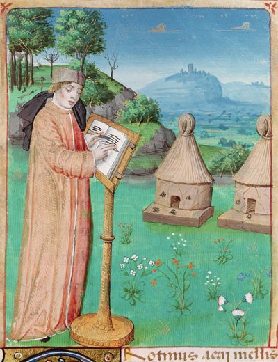 Ms 493 fol.45 Virgil (70-19BC), escrevendo a Vida das Abelhas, de The Georgics por Virgil com um comentário de Servius, 1469 de French School