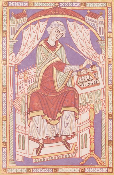 Ms 501 fol.5v Baudemond Escrevendo, da vida e milagres de Saint Amand de French School
