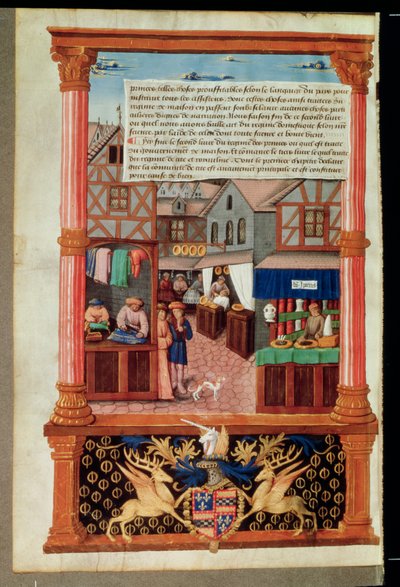 Ms 5062 fol.149v Uma rua com lojas e o brasão de Robert Stuart, marechal de dubigny Lucrece, de Livre de Gouvernement des Princes por Gilles de Rome de French School