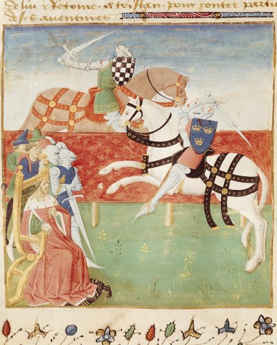 Ms 527 fol.40v Confronto de dois cavaleiros diante do rei, de Roman du Saint Graal de French School