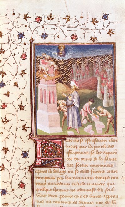 55.111v Nimrod Supervisionando a construção da Torre de Babel, de La Cité de Dieu por Santo Agostinho, traduzida por Raoul de Presles (1316-82) c.1400-50 de French School