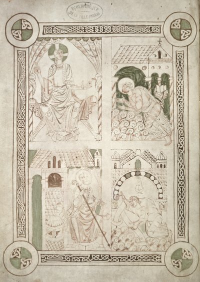 Ms 616 f.1v Santo Agostinho aos Pés de Cristo e o Escriba Alardus Oferecendo seu livro a St. Vaast, frontispício de Confissões de Santo Agostinho de French School