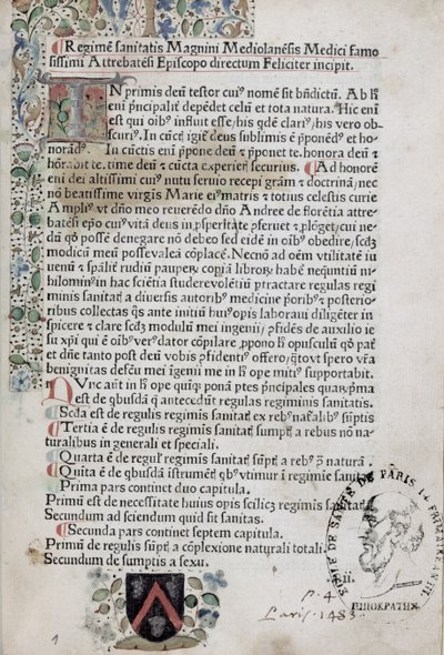 Ms 6310 Primeira página de Regimen Sanitatis, 1483 de French School