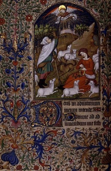 A Sra. 63 f.60v Angel aparece a um pastor, uma mulher senta-se a fazer uma grinalda, de um Livro de Horas, c.1460 (vellum) de French School