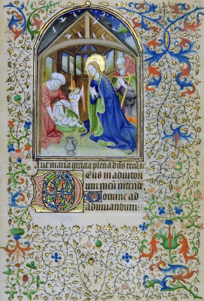 Ms 66 f.44r A Virgem e José adoram o recém-nascido Cristo, de um livro de horas, Amiens de French School